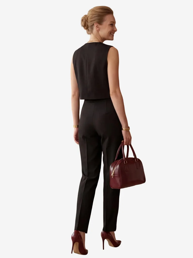 MY FASHION Black MY FASHION Crew Neck Crop Vest & High Waist Pants Two-Piece Set for Women | Best Price UAE